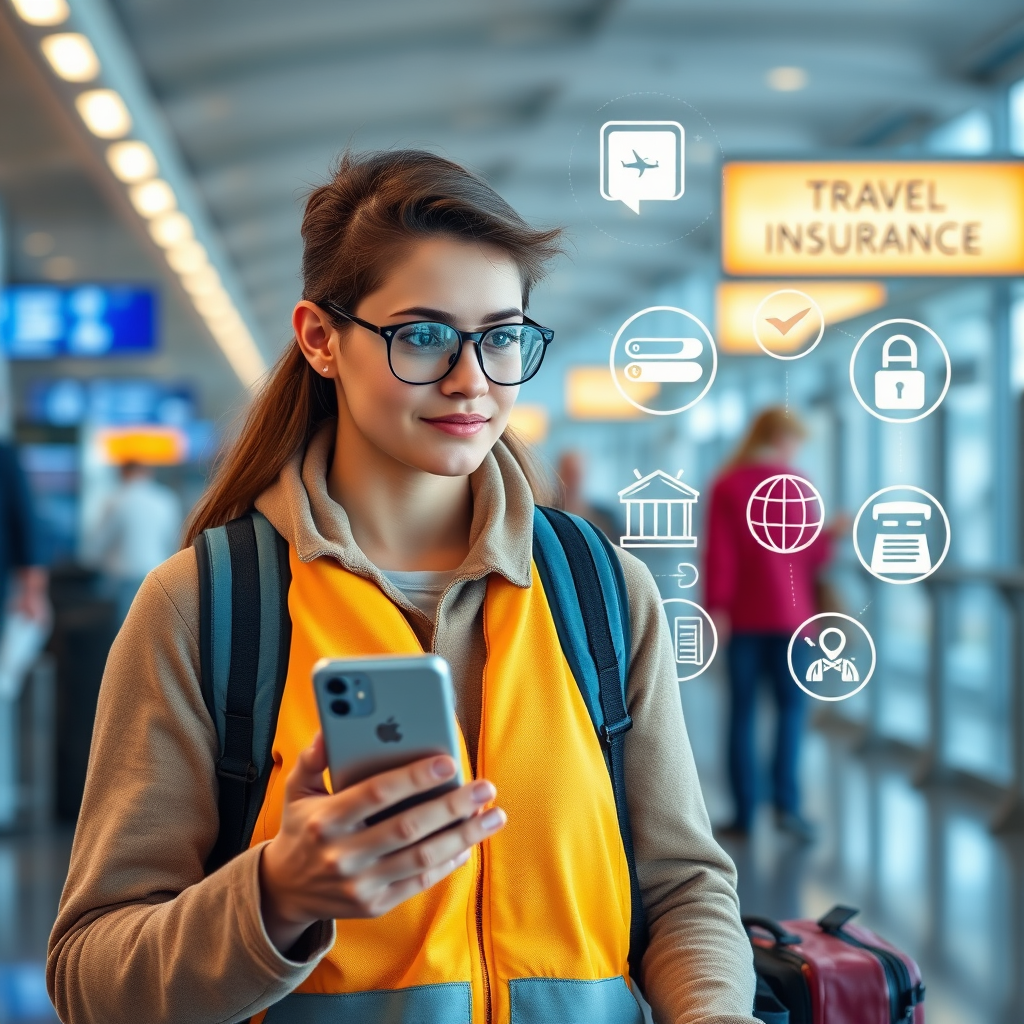 Mūsdienīgs ceļotājs ar viedtālruni un drošības aprīkojumu lidostā, fona attēlā redzamas digitālās drošības tehnoloģijas un ceļojumu apdrošināšanas simboli